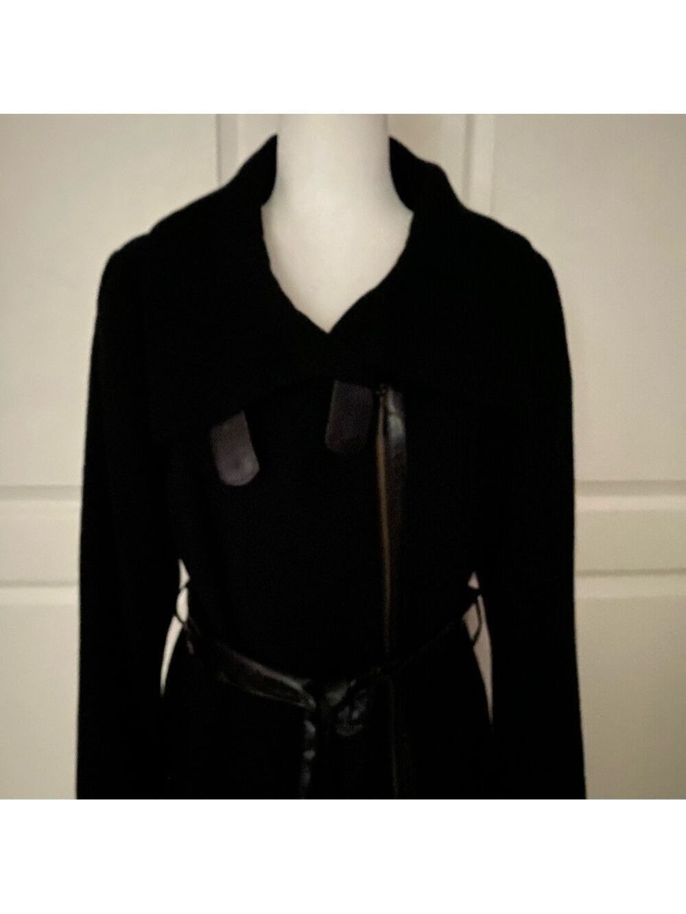 Jessie G Black Wool Coat with Faux Leather Belt & Trim/Women’s Size L - Picture 4 of 13